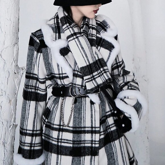 Black & White Preppy Womens Plaid Pattern Lapel Neck Overcoat - Picture 1 of 3